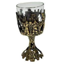 Israeli Brutalist Kiddush Cup, Featuring A Brass Base With A Glass Insert