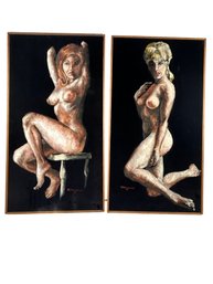 1967 RE Woodcock Pair Of Black Velvet Nude Woman Paintings