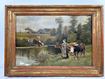 'The Pasture'  Framed Painting On Stretched Canvass- Signed H.W. 1915