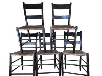 Early Hitchcock Style, Woven Rush, Stenciled Farmhouse Dinging Chairs
