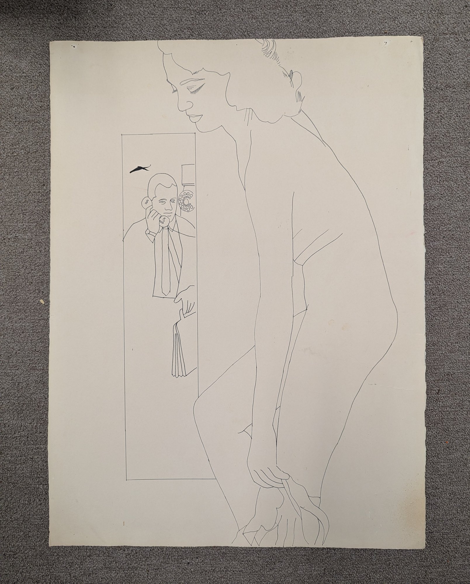 Richard Gangel Line Drawing Nude Woman With Man On The Phone