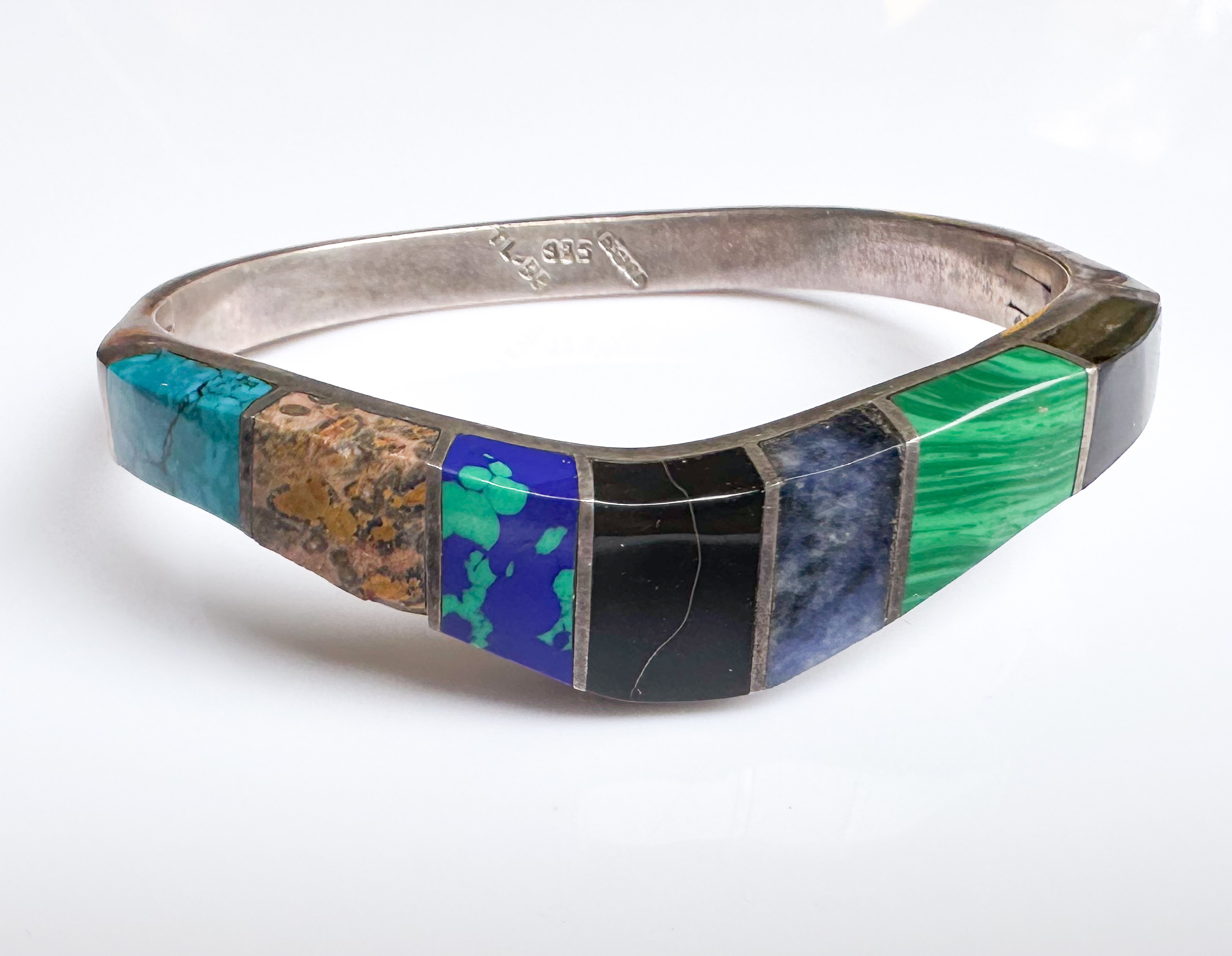 Jade, Onyx, Malachite And Turquoise Sterling Silver Cuff Bracelet ...