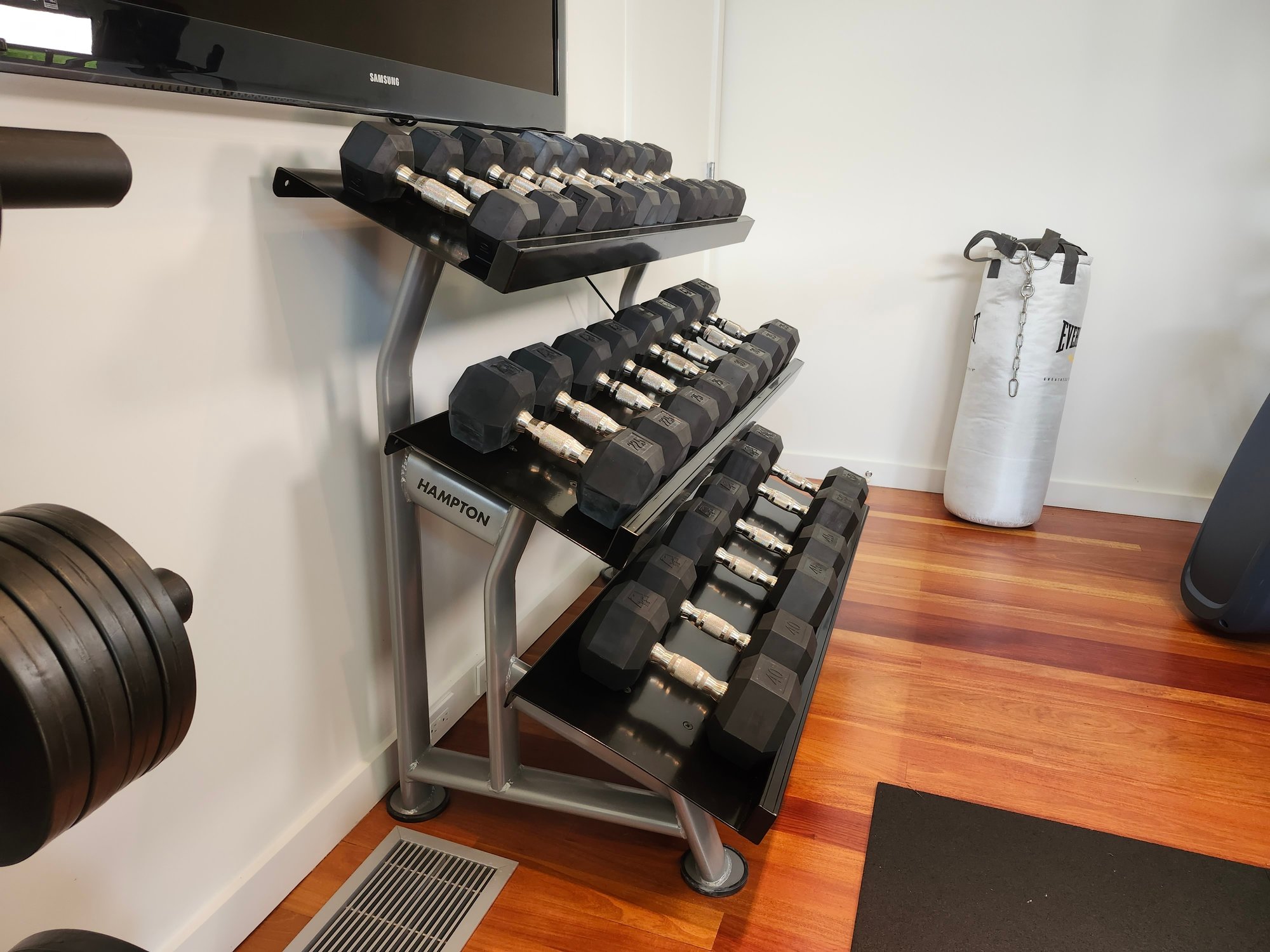 Urethane Dura-Bell Dumbbells - 12 Pair Horizontal Stadium Rack (10-50 ...