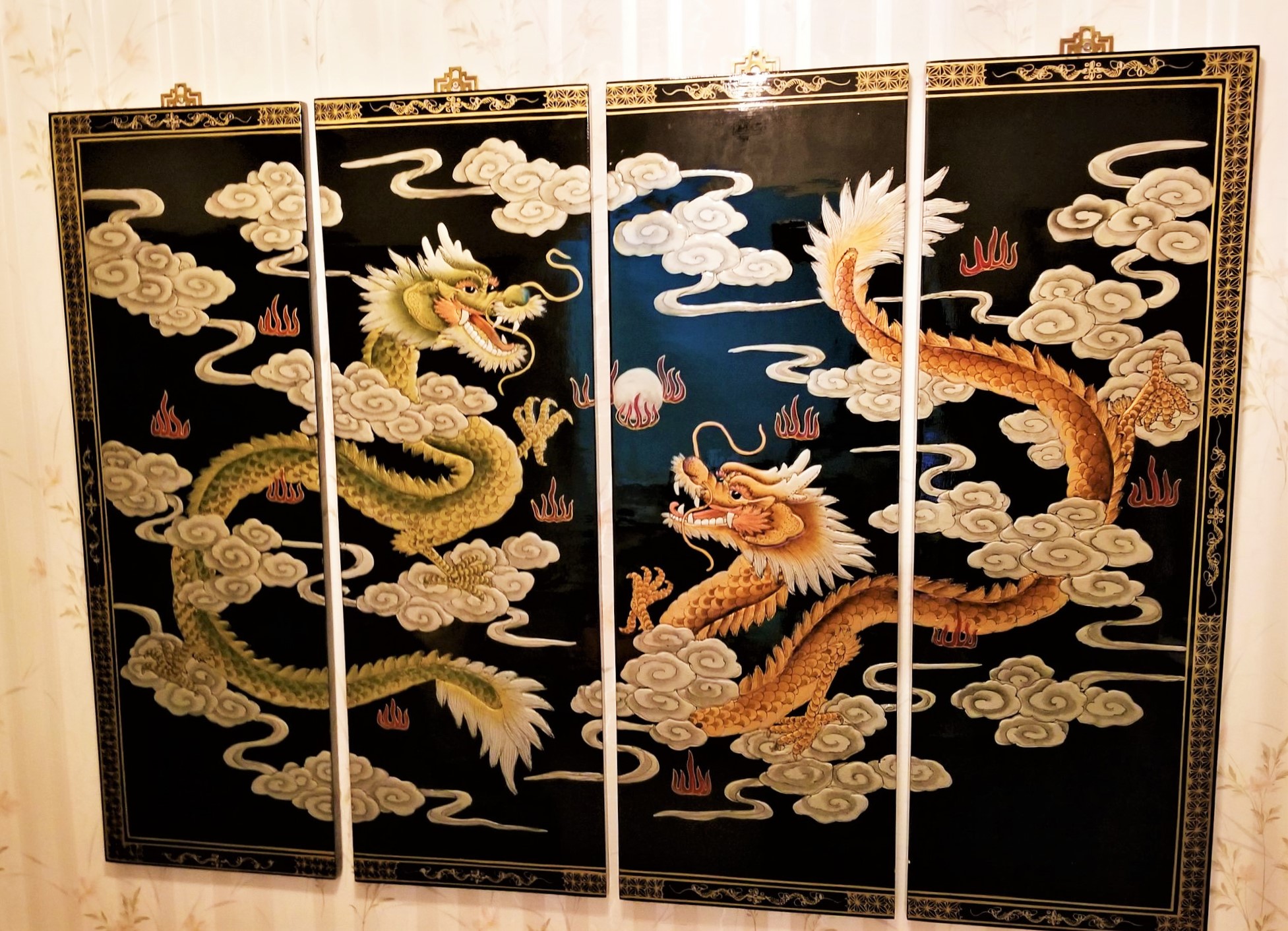 Four Vintage Painted Lacquer Yin And Yang Chinese Double Dragon Wall ...