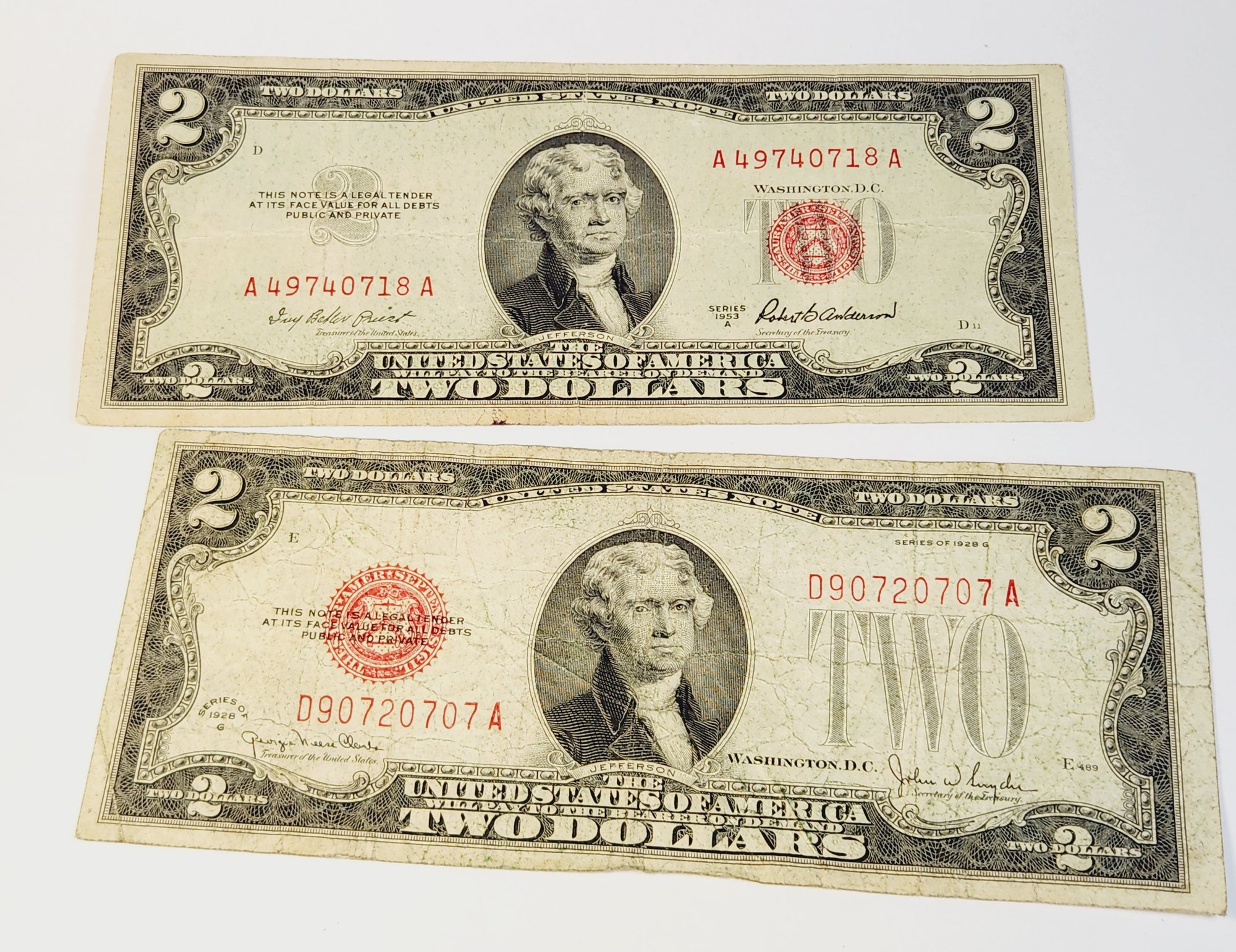 Wow1928 Red Seal $2 Dollar Bill / U S Note Old Design & 1953 $2