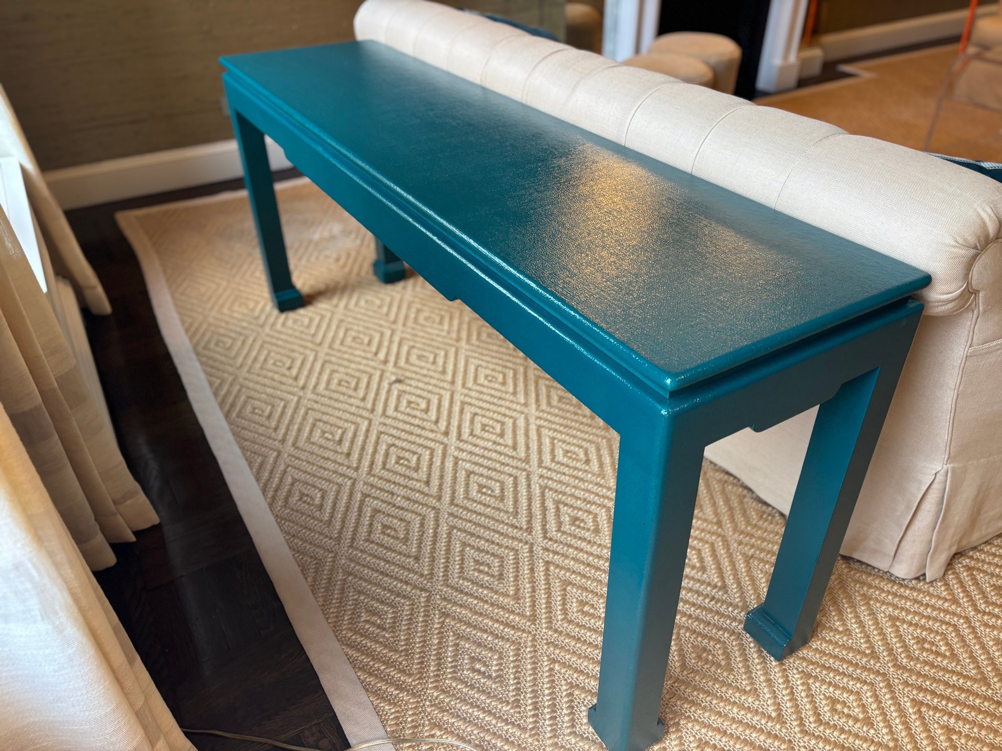 Table Color Subtle Teal Lacquer Moment: Long Slim Console Table With Clean Lines & Subtle ...