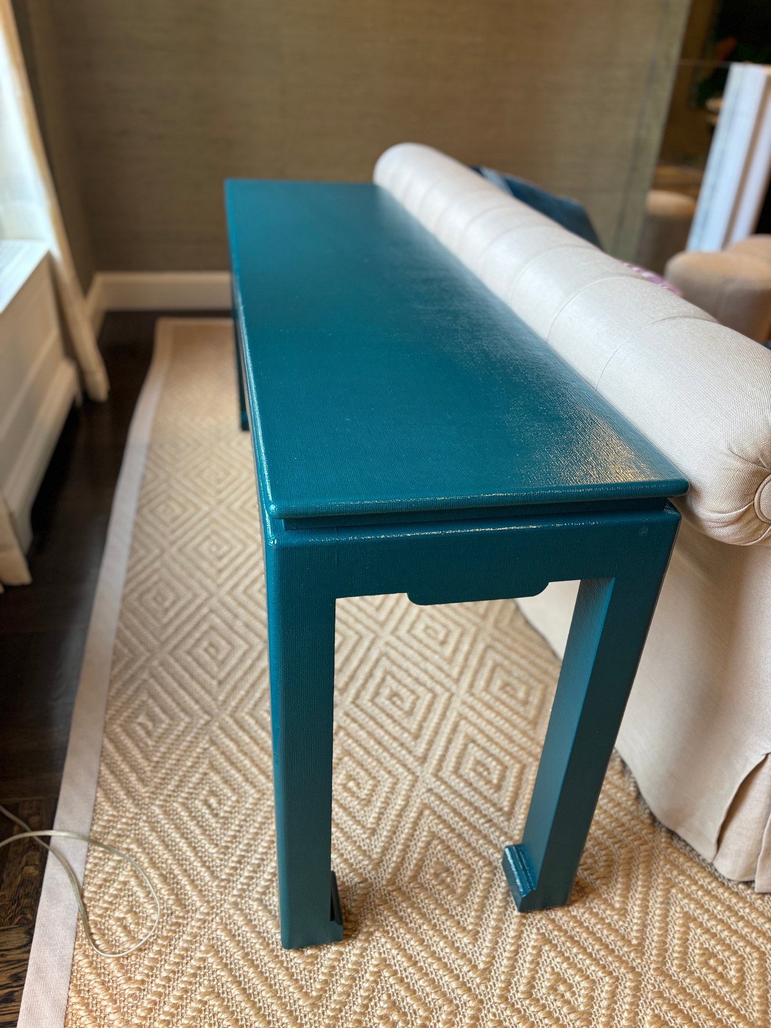 Table Color Subtle Teal Lacquer Moment: Long Slim Console Table With Clean Lines & Subtle ...