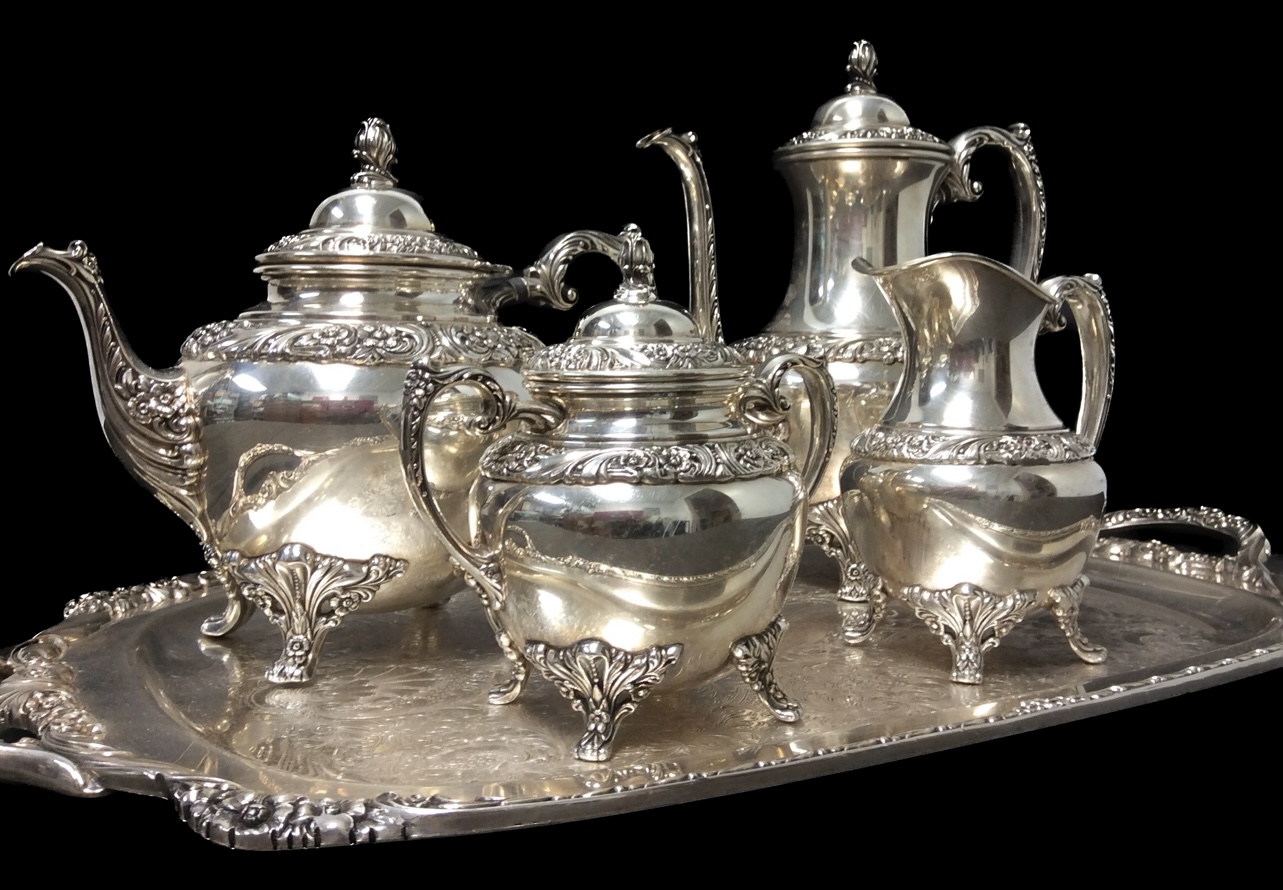 1847 ROGERS BROS SILVER PLATE COFFEE & TEA SET: Tray, Creamer