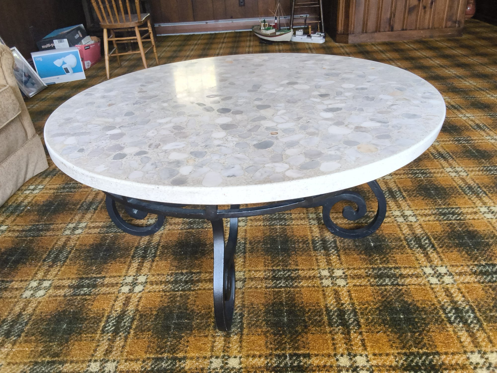 Large Cast Coffee Table With Stone Inlay Top On Cast Iron Base 45 ...