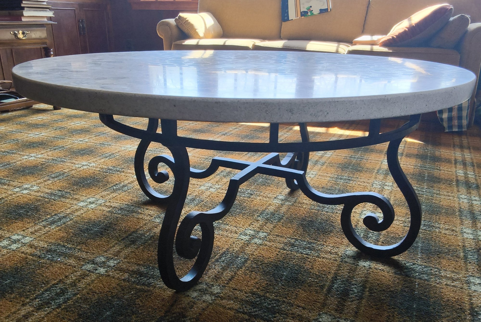Large Cast Coffee Table With Stone Inlay Top On Cast Iron Base 45 ...