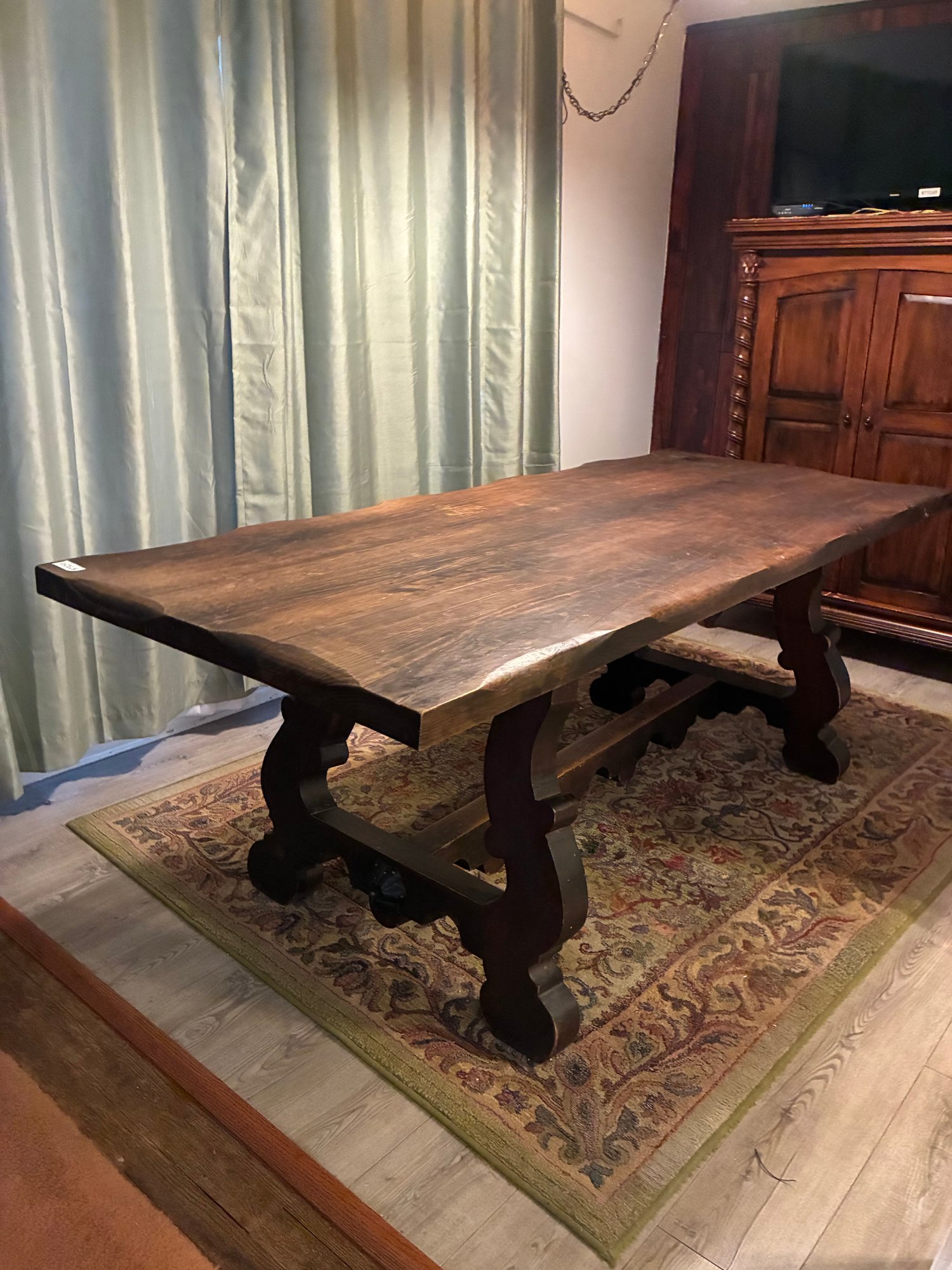 Vintage Spanish Style Solid Wood Trestle Dining Table With Ornate ...
