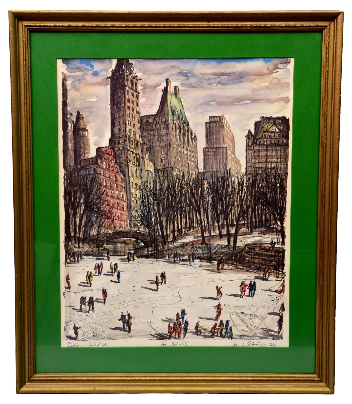 絵画 skate center Signed J.M. Gallais '1964 Watercolor Painting Titled 