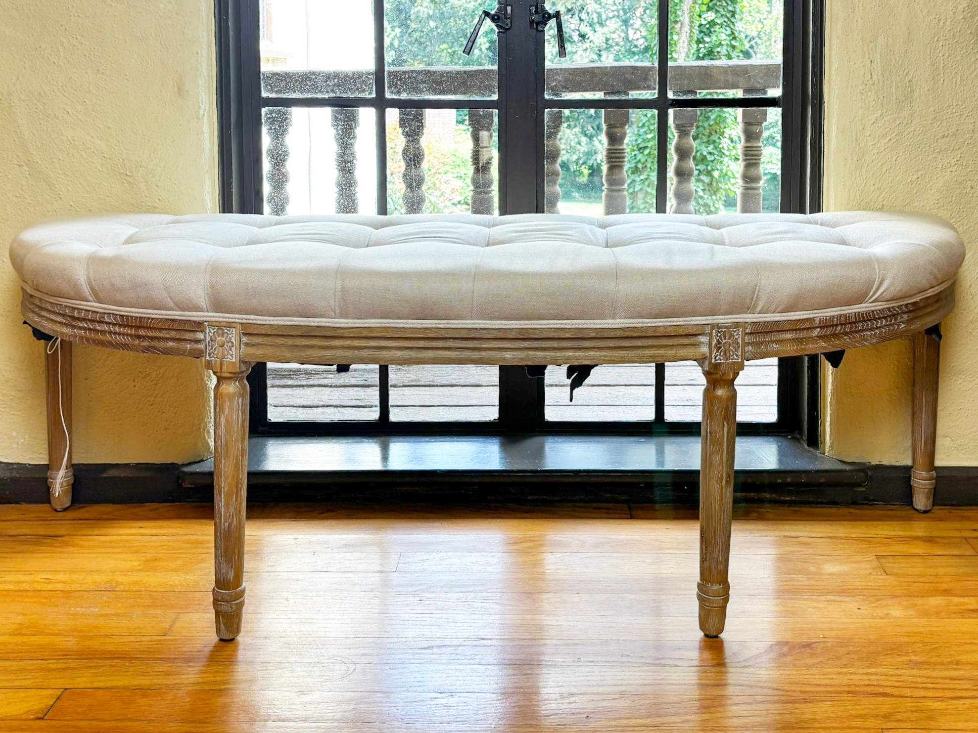 A Bow Front Bench In Tufted Grey Linen By Restoration Hardware ...