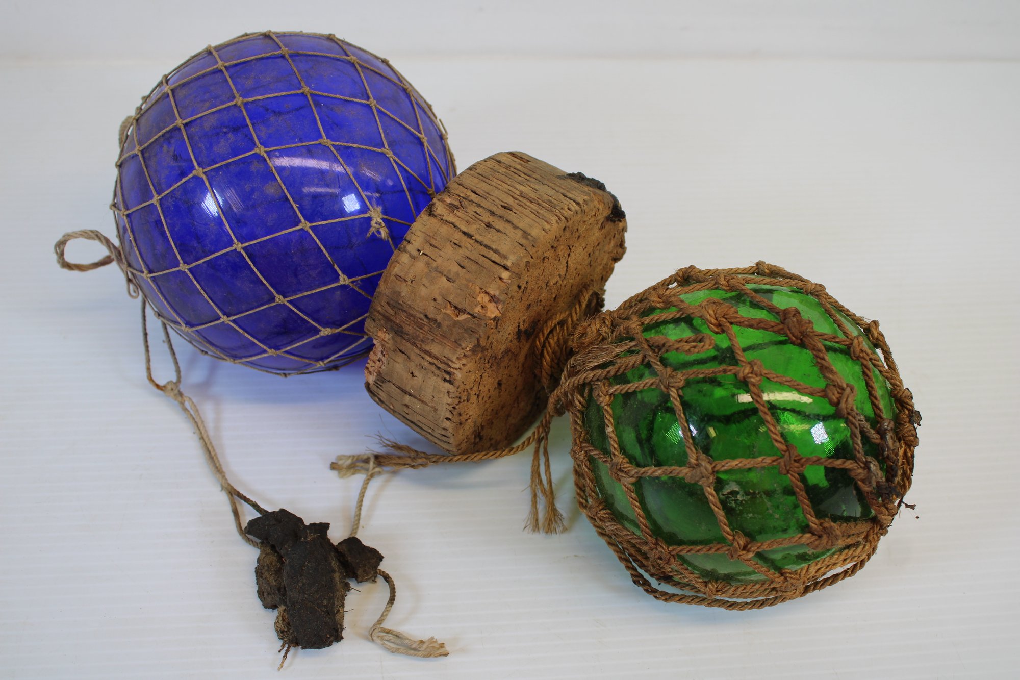 Pair Of Vintage Hand Blown Glass Fishing Buoys, Net And Cork Float ...
