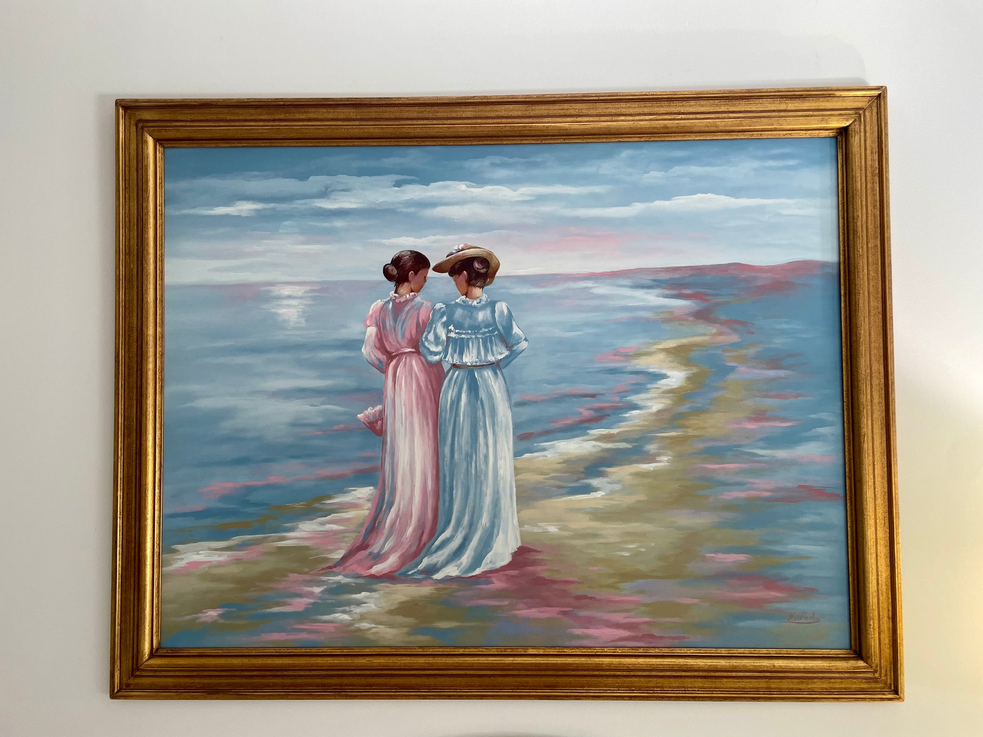 Painting Of Two Women Strolling By The Sea, Signed #1939016 ...