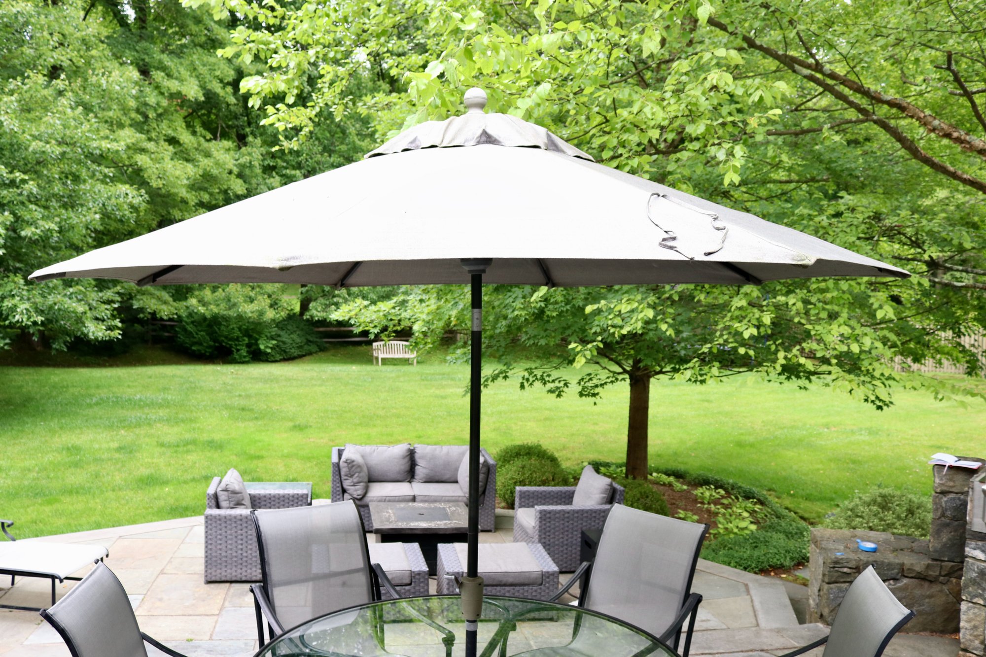 double tier patio umbrella Pellebant 9 ft. x 11.5 ft. 2-Tier Outdoor Cantilever 360 Rotation Tiltable Patio Umbrella in Tan with Base