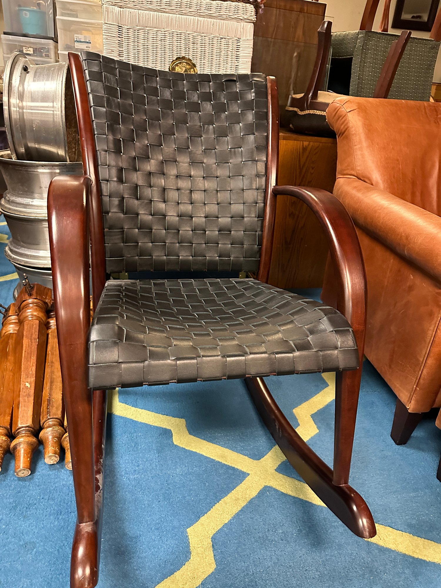 Levenger Woven Black Leather Rocking Chair With Wood Trim #40789656 ...