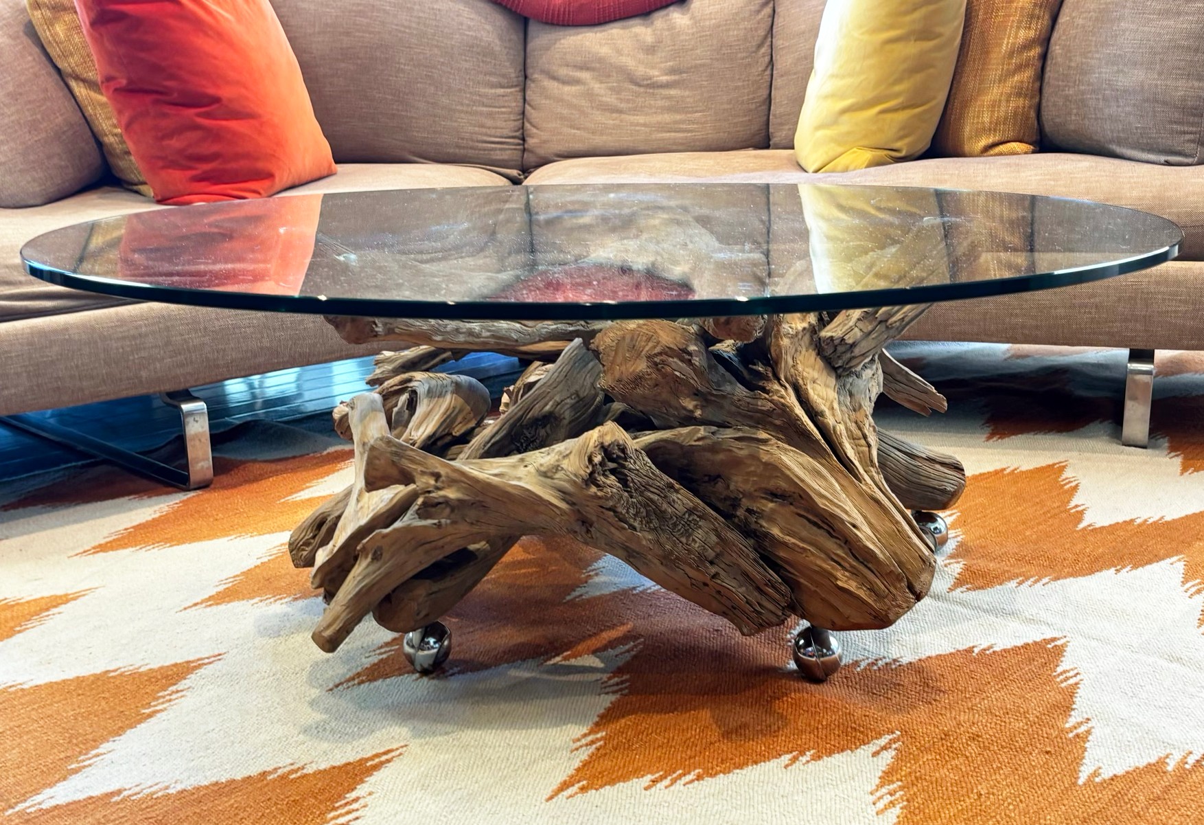 A Natural Tree Root Coffee Table With Glass Top #2289311 | Auctionninja.com