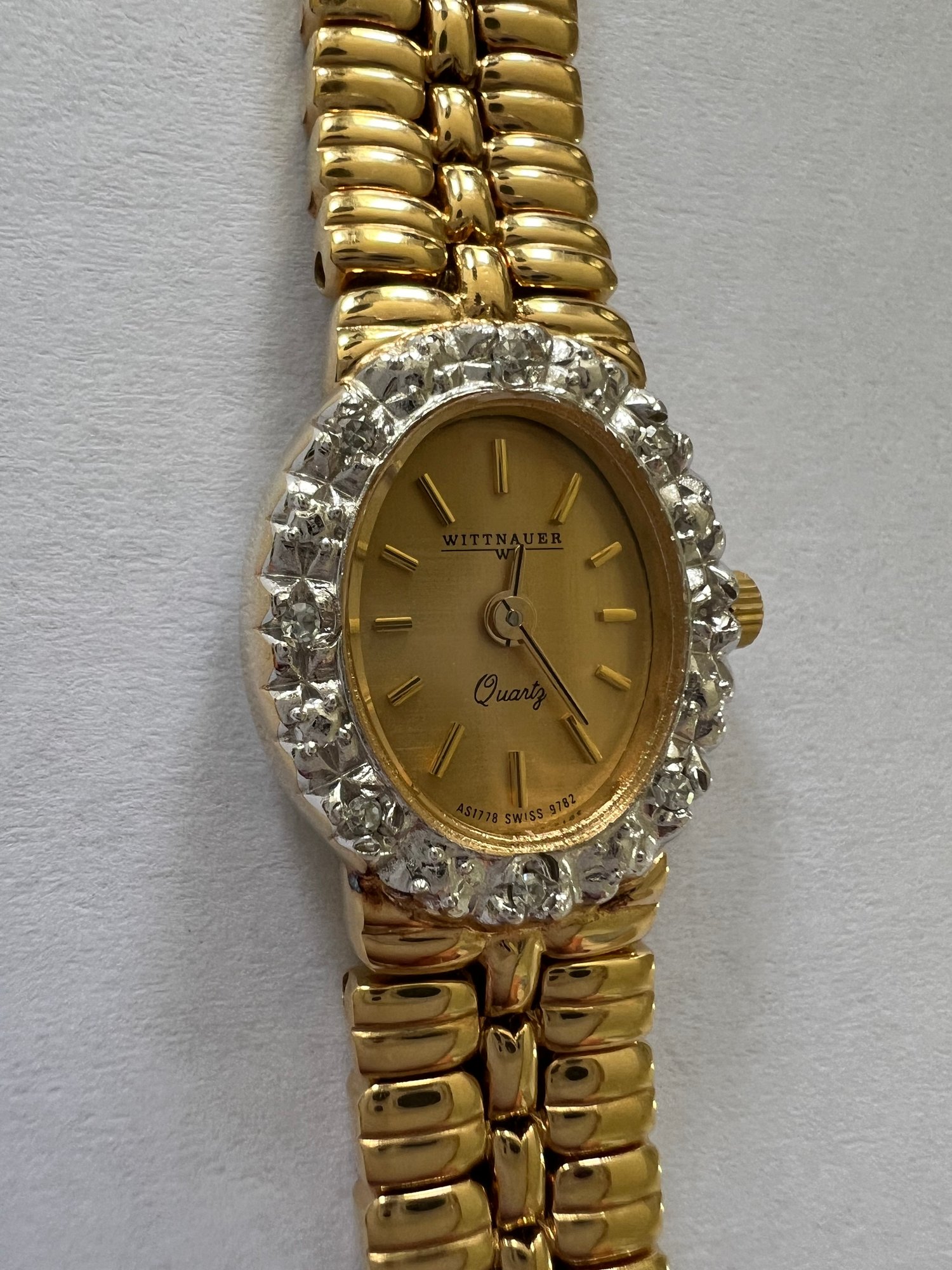 Wittnauer Ladies Dress Watch MOP Dial Crystal Embedded Bezel Gold Tone 30mm Wittnauer Ladies Watch W Diamond Bezel #1848409  main image 3