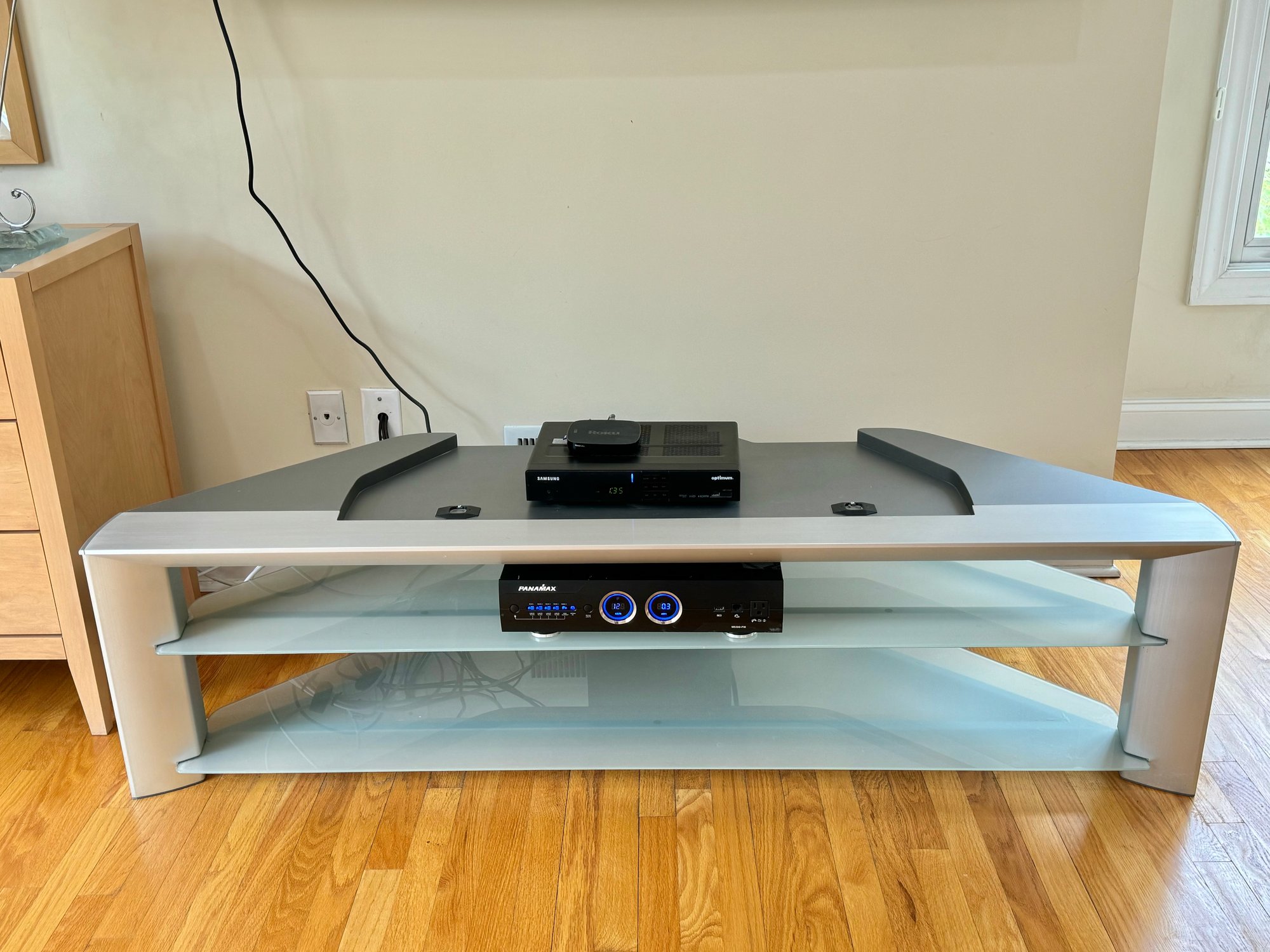 Contemporary Sony TV Stand In Brushed Metal Frosted Glass