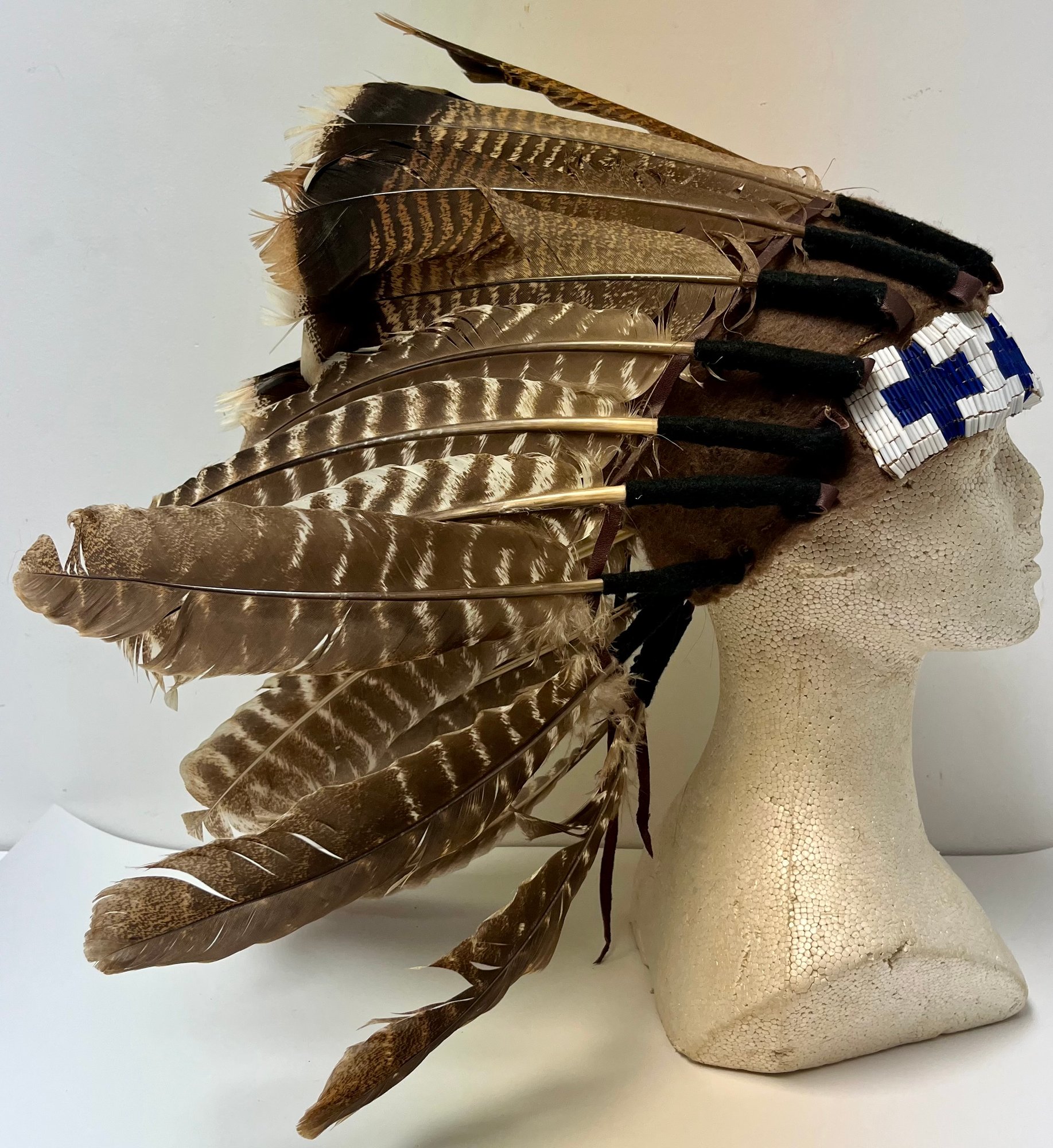 Vintage Native Ameican Indian Headdress - Real Feathers - Blue &amp; White ...