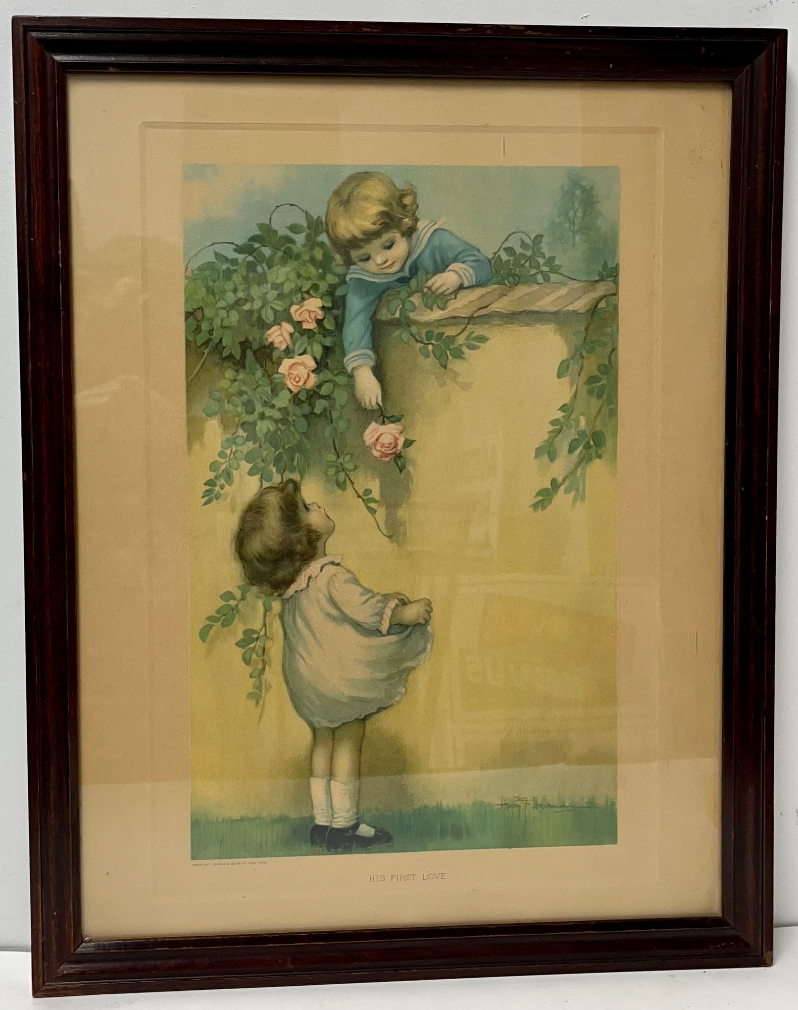Vintage Antique Framed Lithograph Print - His First Love - Henry F