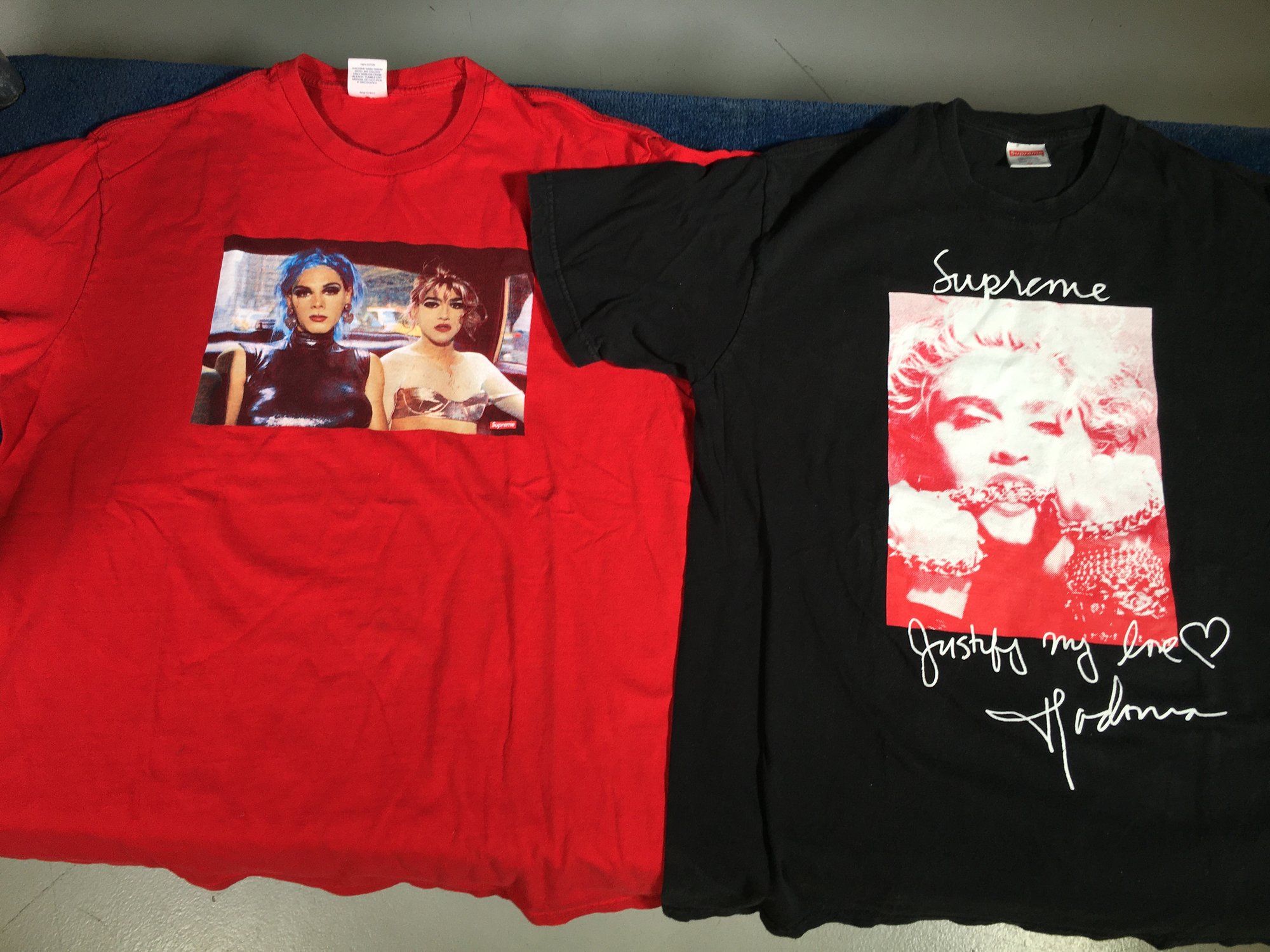 Two Fantastic SUPREME T Shirts - Madonna - Justify My Love - Size 