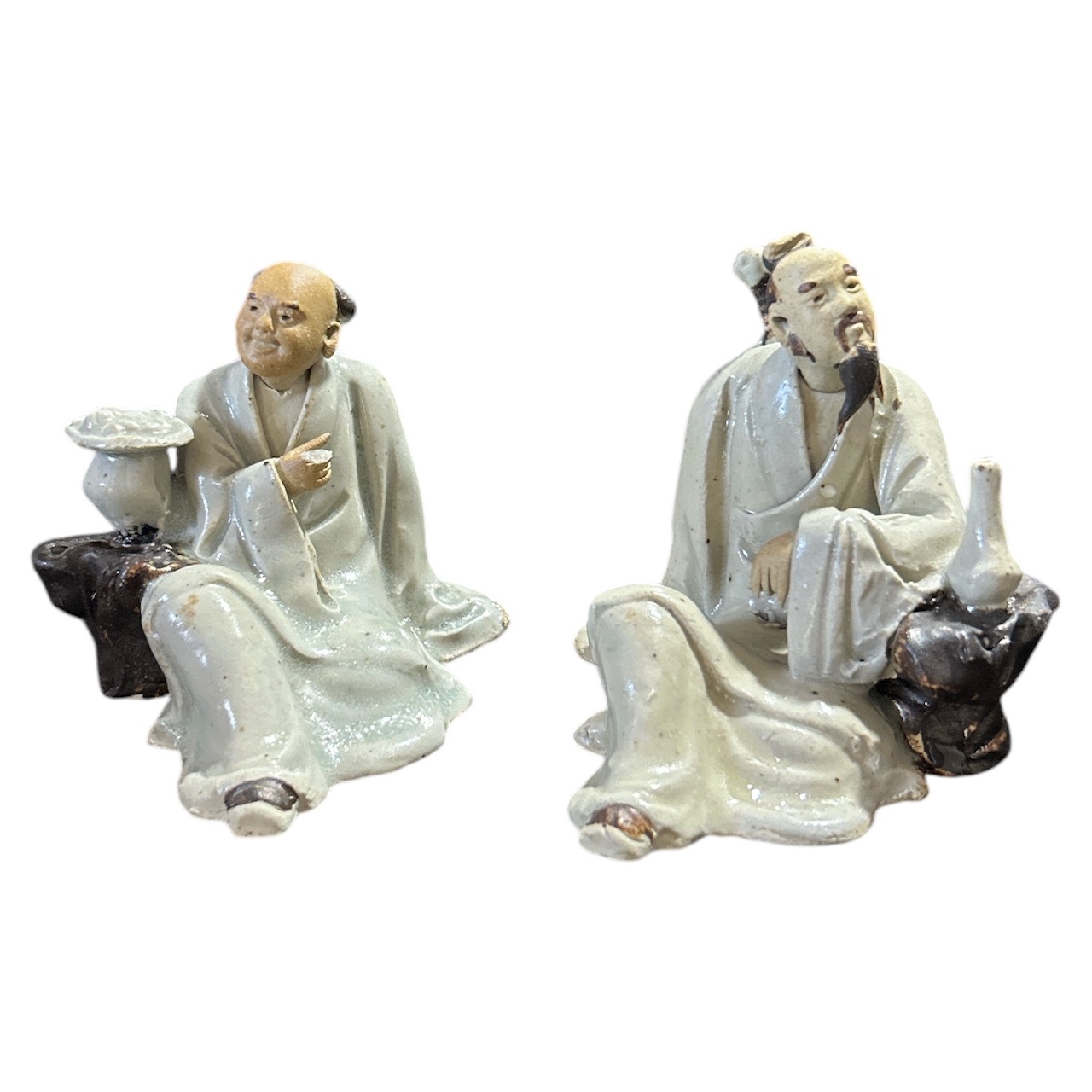 Pair Of Vintage Clay Glazed Hand Sculpted Chinese Mudmen Figurines (U.S ...
