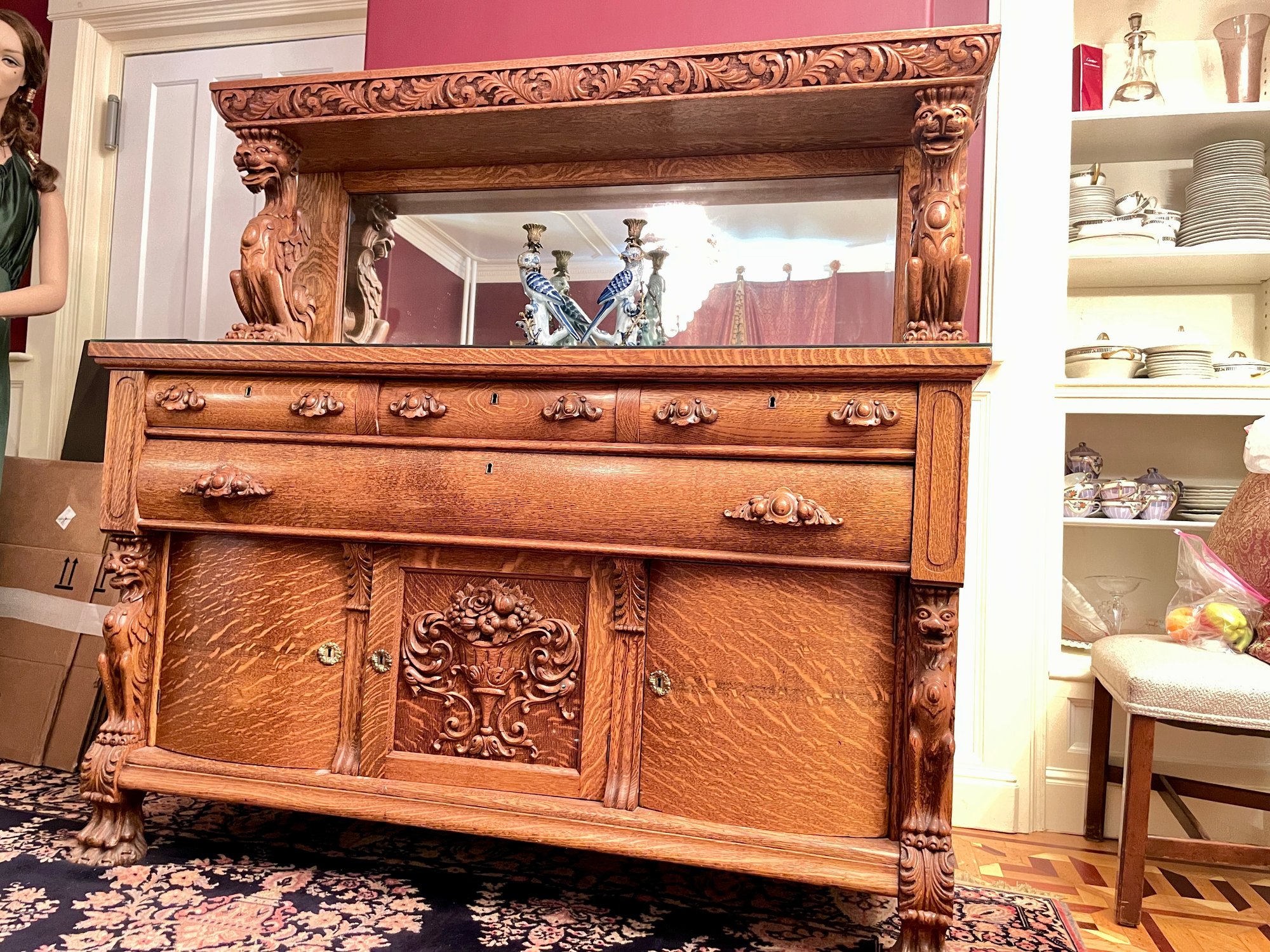 Spectacular Antique Quarter Sawn Oak Server With Hand Carved