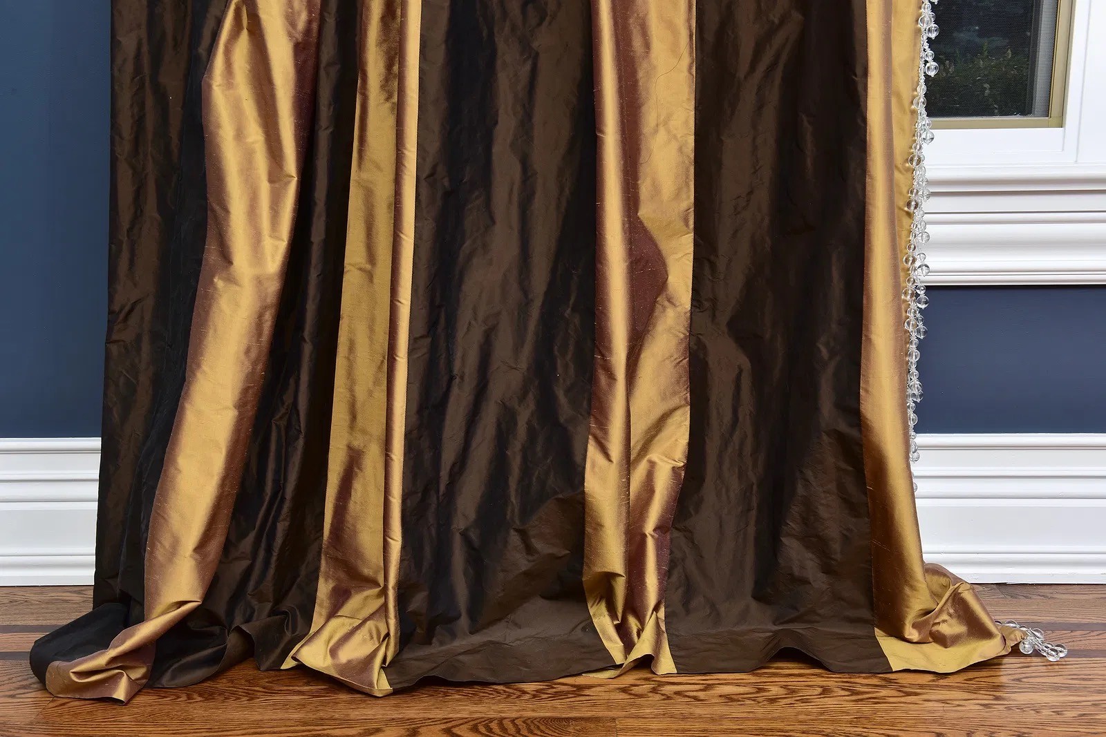 Two Tone Drapery Rods Pair Of Two Tone Striped Silk Drapery Panels With Beaded Trim And Brass ...