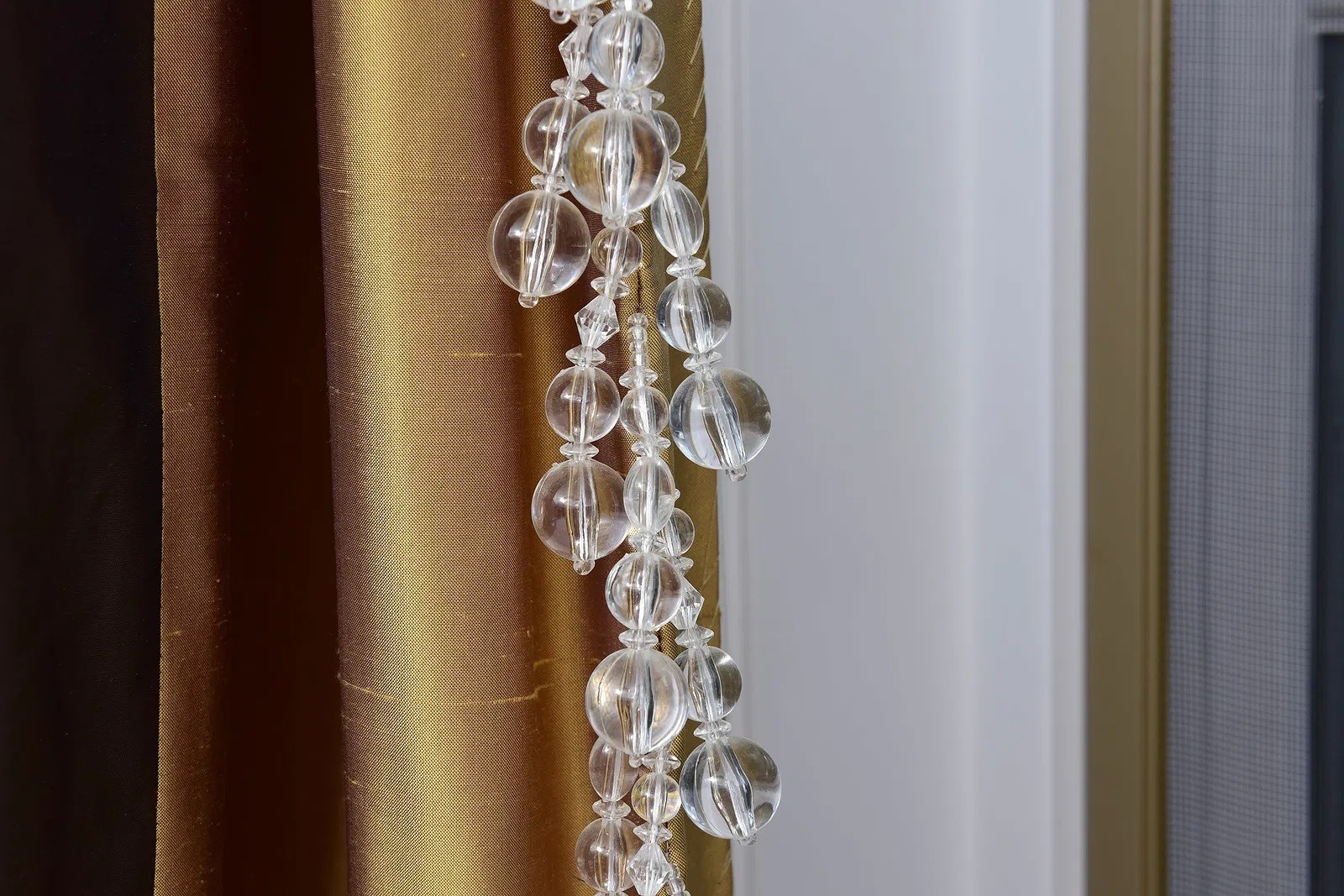 Two Tone Drapery Rods Pair Of Two Tone Striped Silk Drapery Panels With Beaded Trim And Brass ...