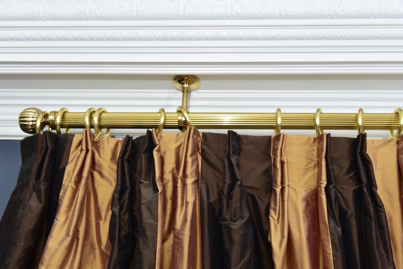 Two Tone Drapery Rods Pair Of Two Tone Striped Silk Drapery Panels With Beaded Trim And Brass ...