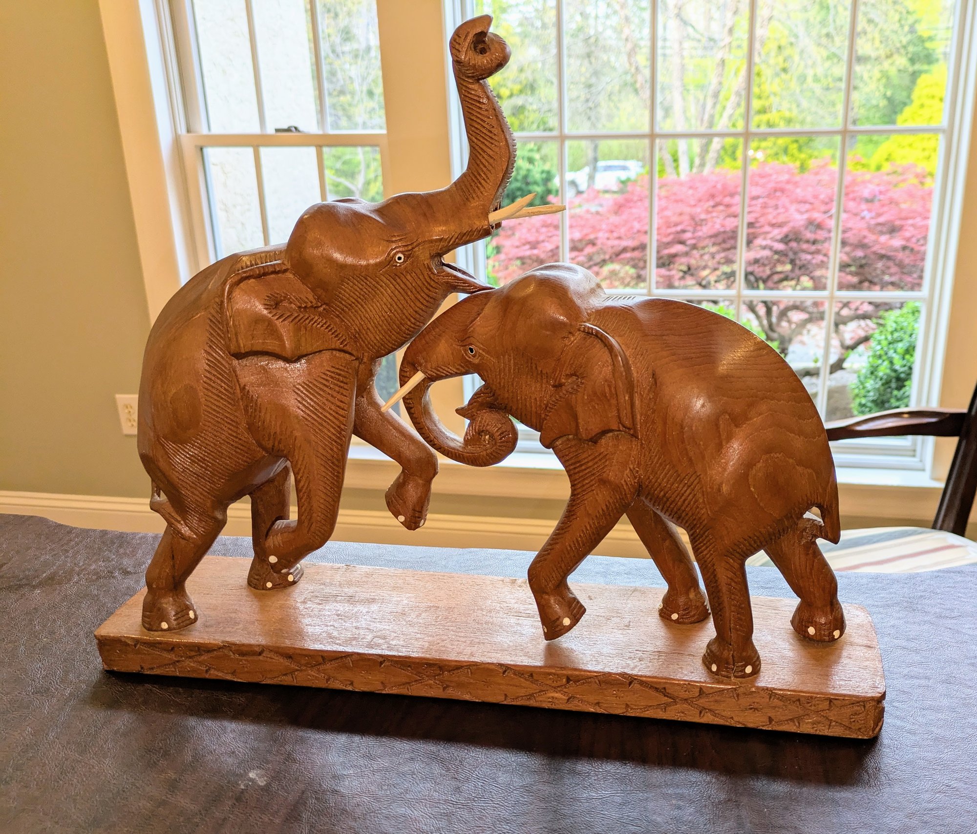 Vintage Hand Carved Wooden Vintage Teak Duo Frolicking Elephants Figure ...