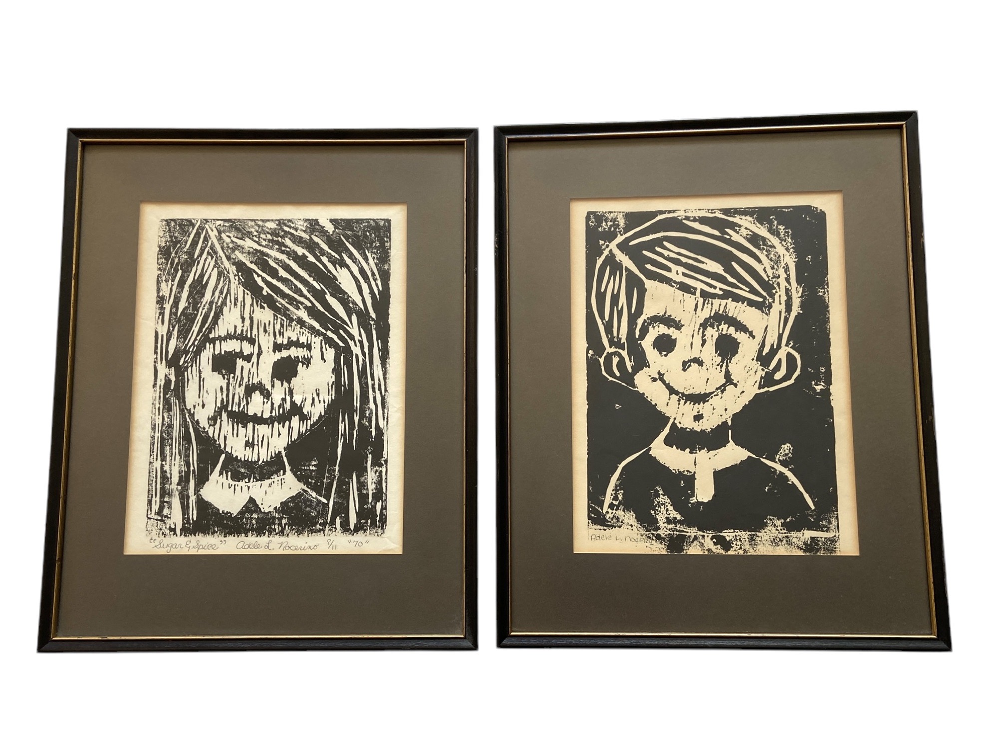 Pair Of Mid Century Wood Block Prints "Sugar & Spice", Signed