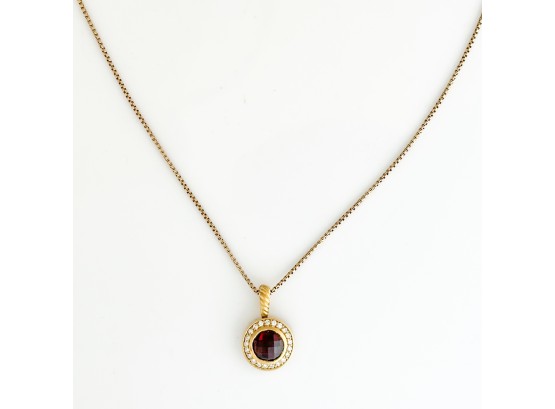 David Yurman 18K Gold And Garnet Necklace With Diamond Halo