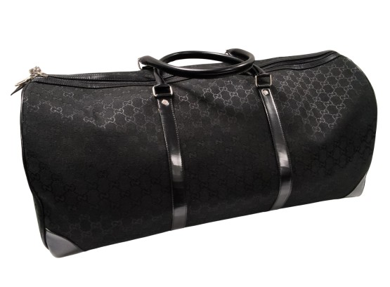 Large Black Gucci GG Travel Duffle Bag With Monogram Cloth Pattern & Leather Handles OFFC