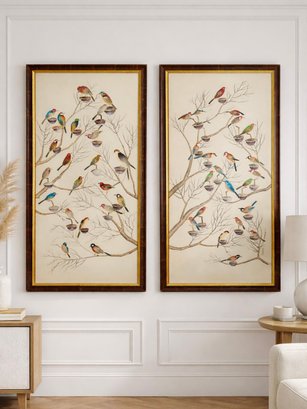 Pair Of Chelsea House The Aviary Silk Paintings, Framed Bird Panels, 32.25 X 60.25 - Norwalk