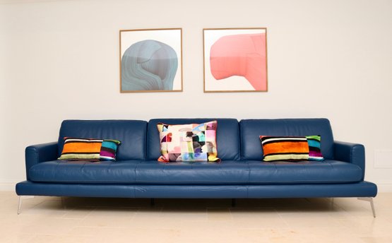 Bracci Living Made In Italy Blue Leather Tufted Sofa With Stainless-Steel Feet – Retail $4,599