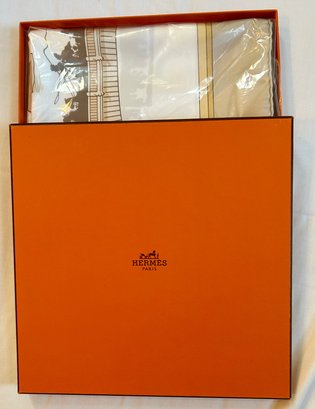 Vintage Hermes ' Des Ponts De Paris' Silk Scarf With Iconic Hermes Box: Silver & White ET