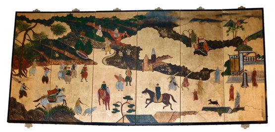 Namban Art Japanese 6-Panel Gold Leaf Paper Screens