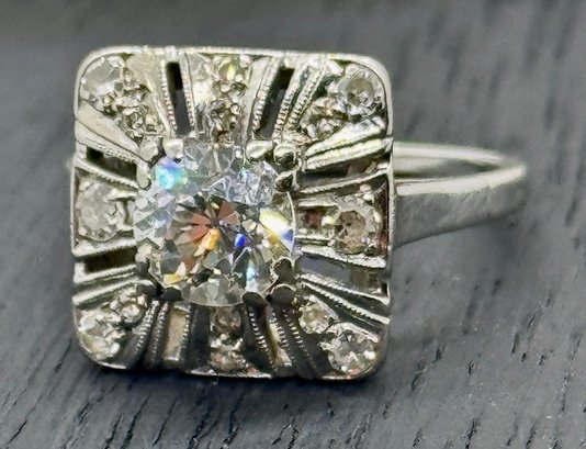 Antique Art Deco 18K White Gold 1 CT Old Mine Cut Diamond Ring ~ 2.86 DWT