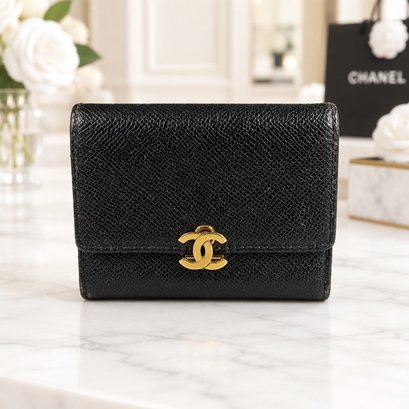 Chanel Black Quilted Caviar Leather Trifold Wallet With Gold-Tone CC Closure, Vintage Circa 2000–2002