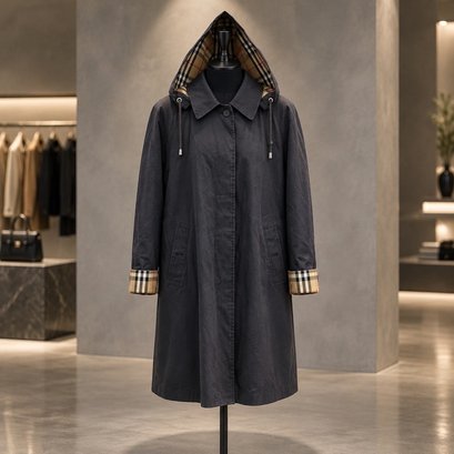 Burberry Navy Hooded Raincoat With Signature Check Lining