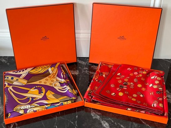 A Pair Of Elegant Hermes Silk Scarves In Original Boxes