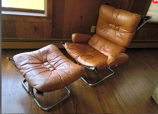 Leather & Chrome MCM Norwegian Design By Harold Relling Wing Lounge Chair & Ottoman & Vibrating Mat DEN