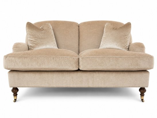 A Chic Custom Loveseat In Chenille With Down Cushions
