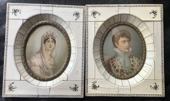 Pair Of Antique Portrait Miniatures In Decorative Bone Frames