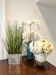 3 Decorative Faux Plants In Ceramic & Tin Planters