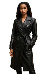 Harve Bernard Long Belted Leather Coat Size 6 45' L