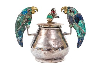 Mexican, Los Castillo, Taxco Silver Plated Twin Handled And Lidded Sugar With Spoon